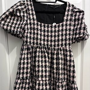 English Factory Pink and White Houndstooth Babydoll Dress